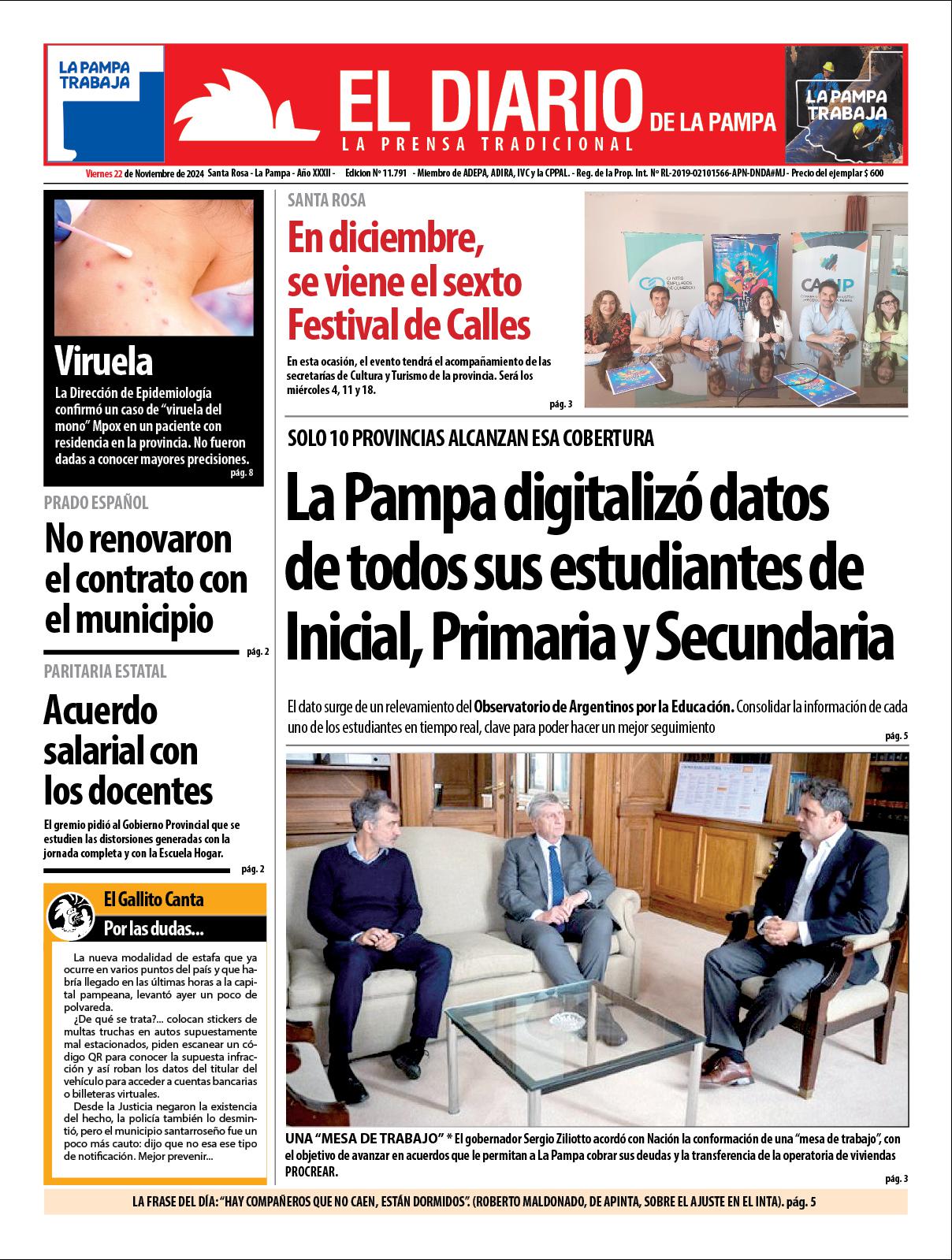 Tapa de El Diario en papel  viernes 22 de noviembre de 2024